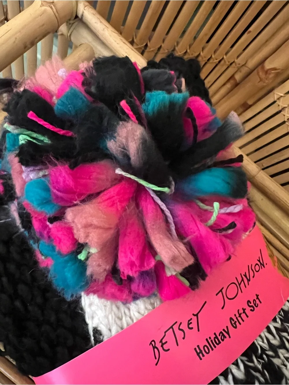 Betsey Johnson holiday gift set with Knit Hat with Multicolor Pom and scarf